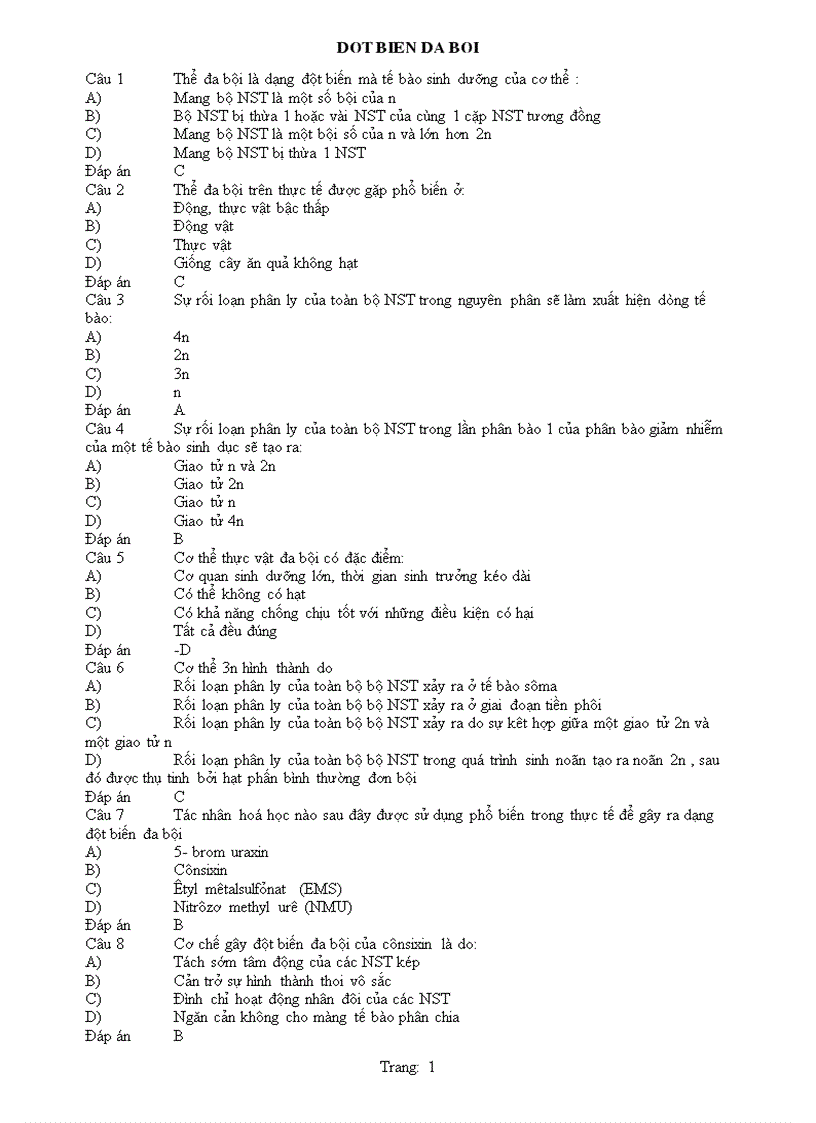 Tuyển tập các câu hỏi trắc nghiệm sinh phọc phần 1