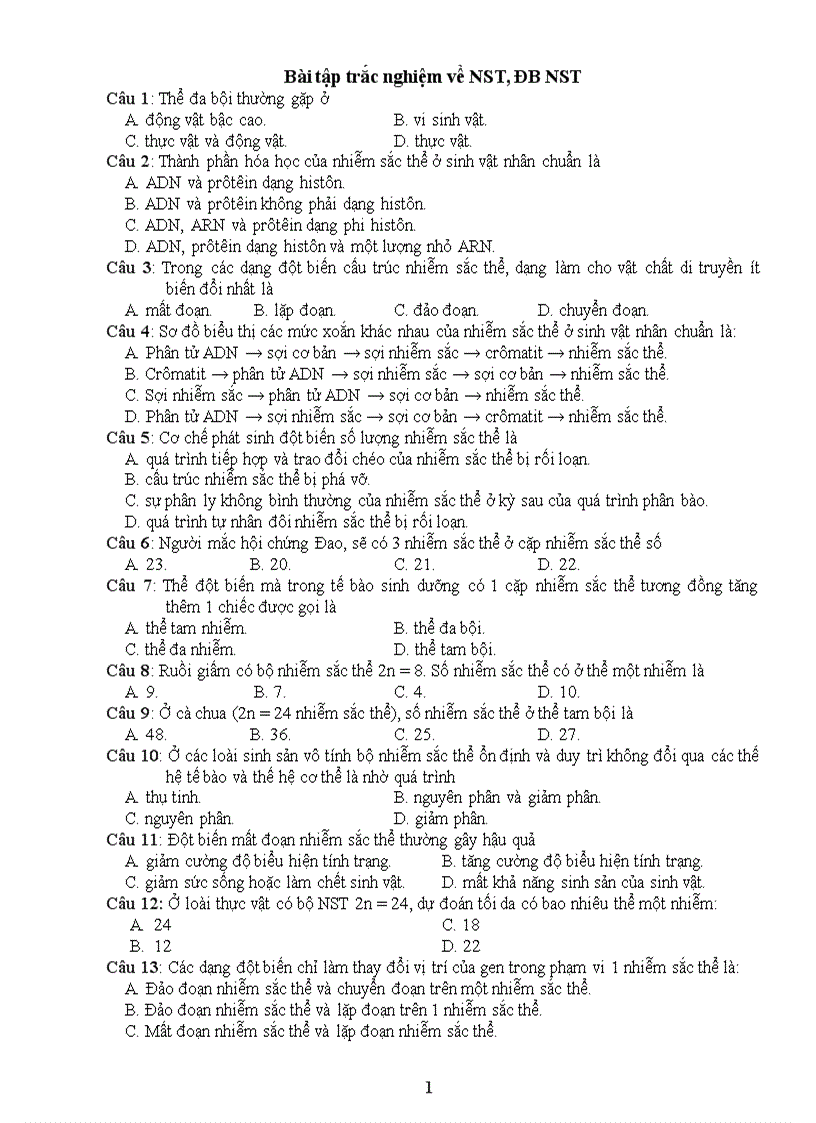 Trắc nghiệm về NST ĐBNST chương trình 12 PB