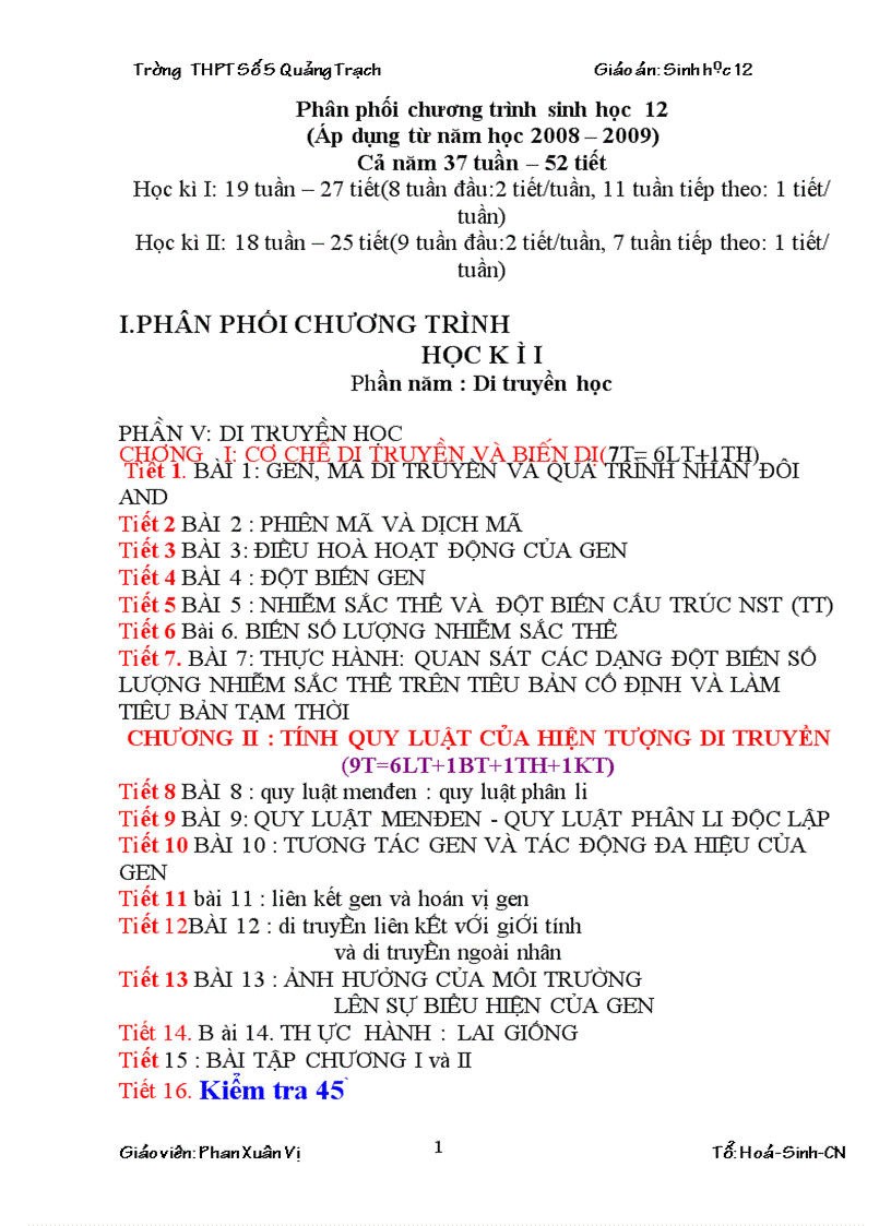 Phân phối chương trình Sinh học 12