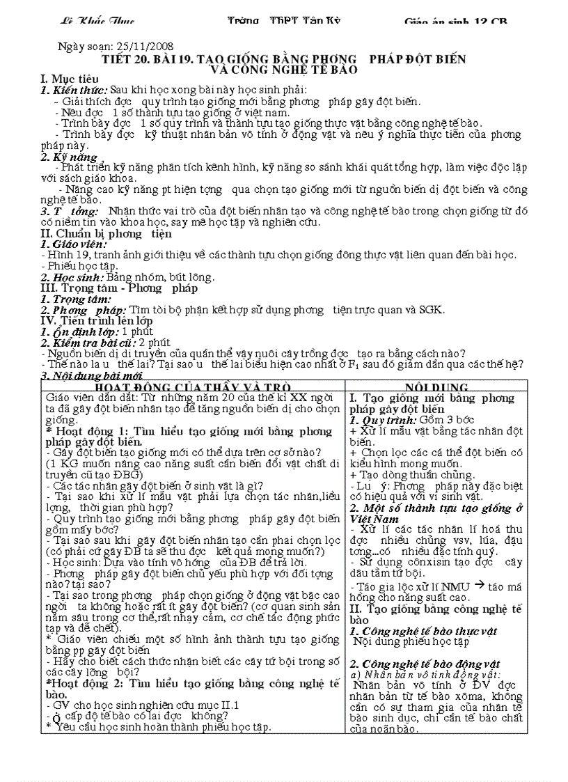 Tiết 20 sinh học 12 CB