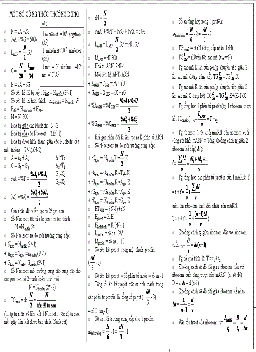 Công thức sinh học luyện thi Đại học