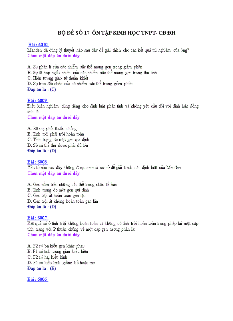 Ôn tập sinh học TNPT CDĐH BỘ ĐỀ 17