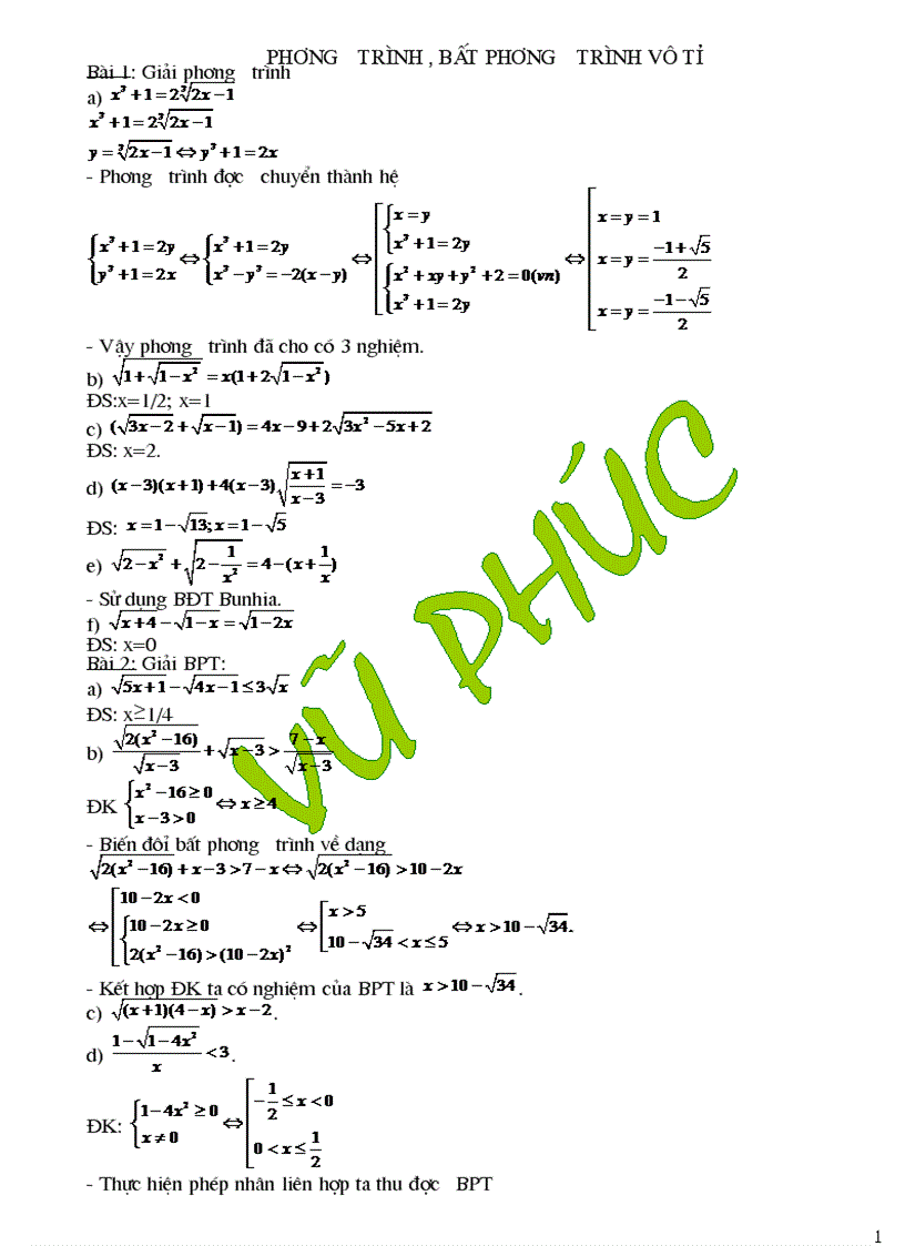 Chuyên đề phương trình bất phương trình