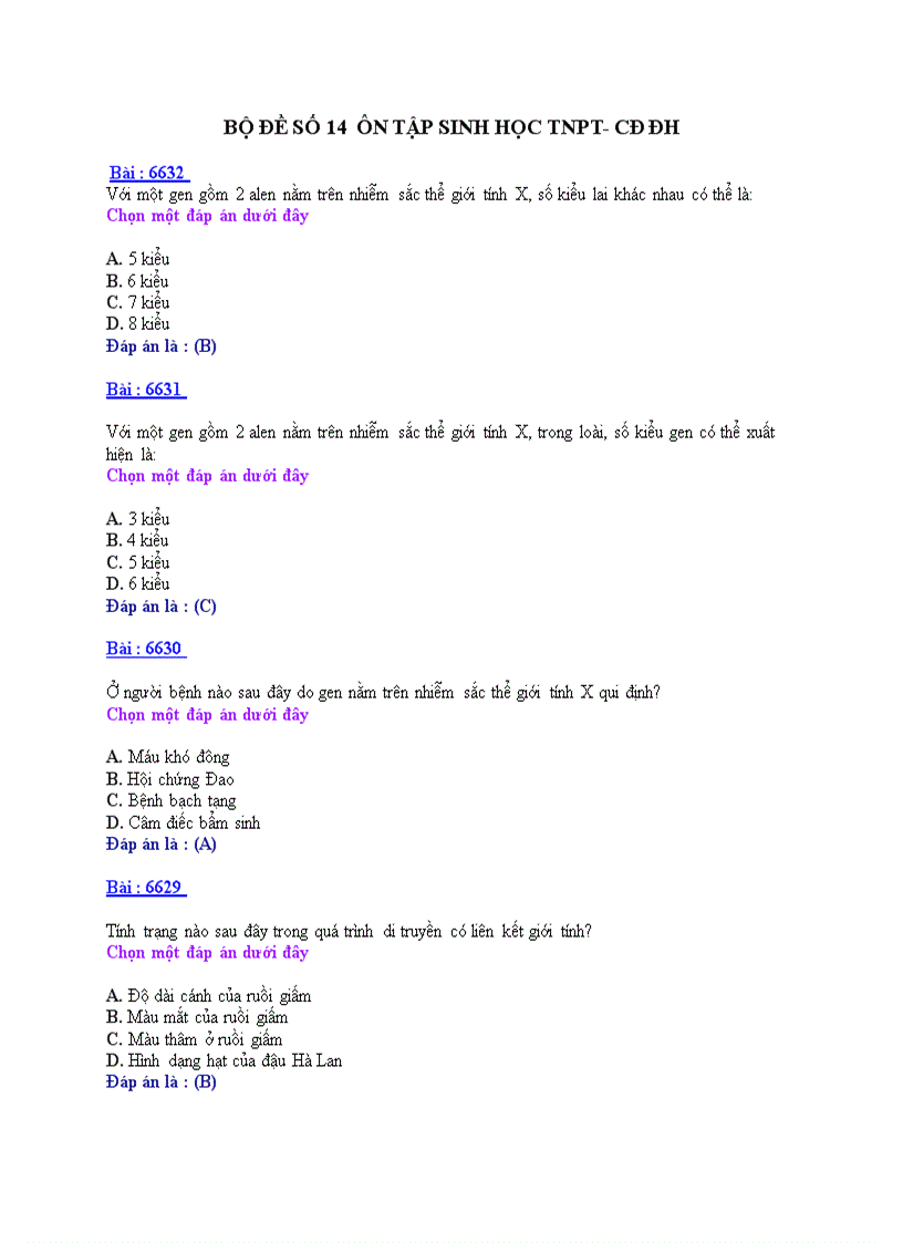 Ôn tập sinh học TNPT CDĐH BỘ ĐỀ 14