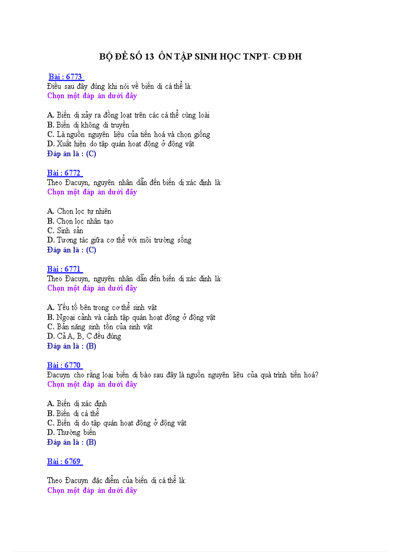 Ôn tập sinh học TNPT CDĐH BỘ ĐỀ 13