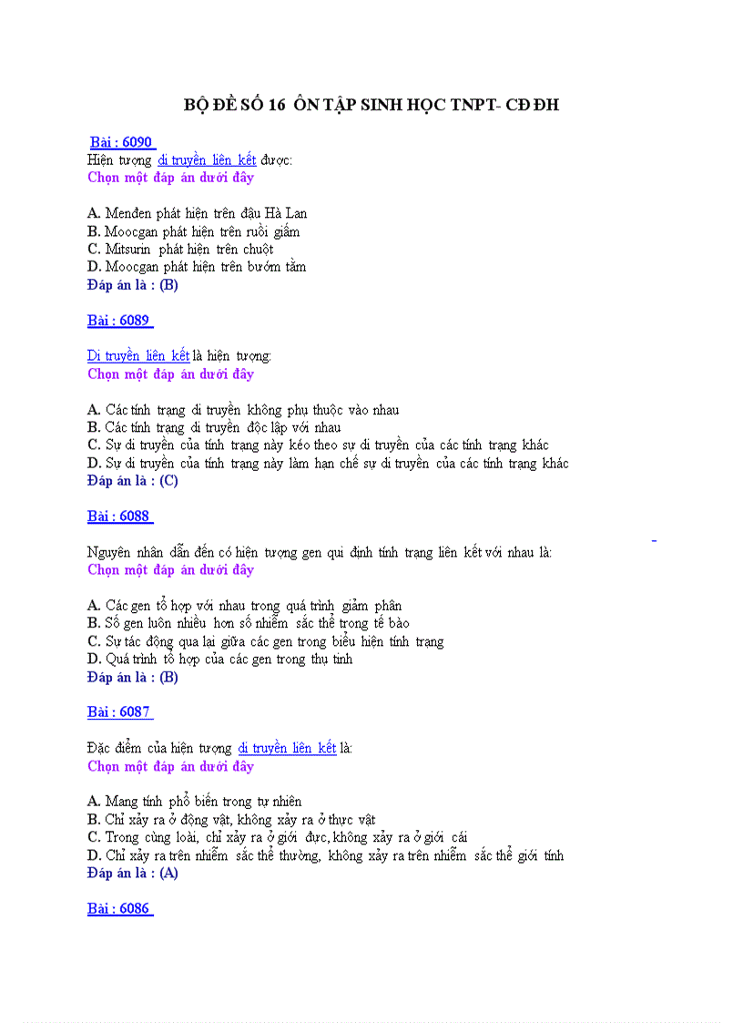 Ôn tập sinh học TNPT CDĐH BỘ ĐỀ 16
