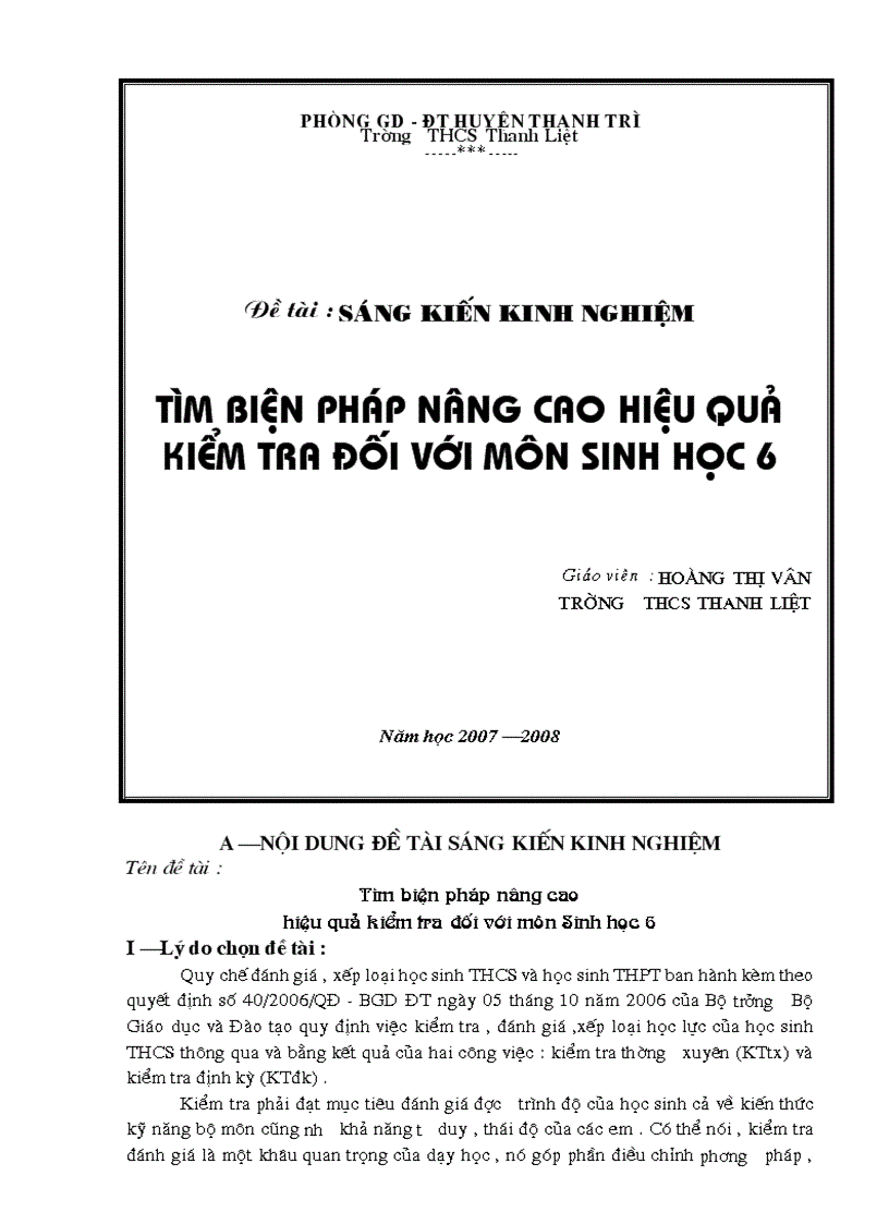 Sáng kiến Sinh học lớp 6