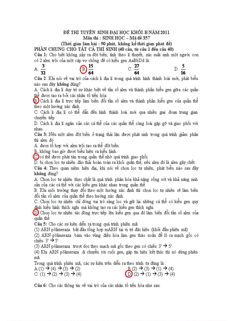 Đề thi ĐH môn Sinh năm 2011 357