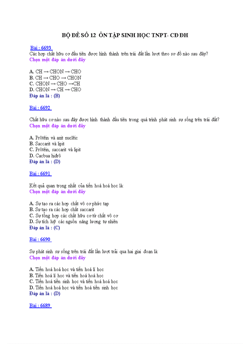 Ôn tập sinh học TNPT CDĐH BỘ ĐỀ 12