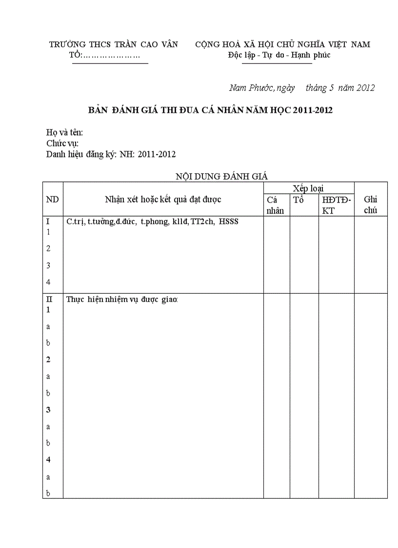 Đánh giá thi đua cá nhân nh 11 12