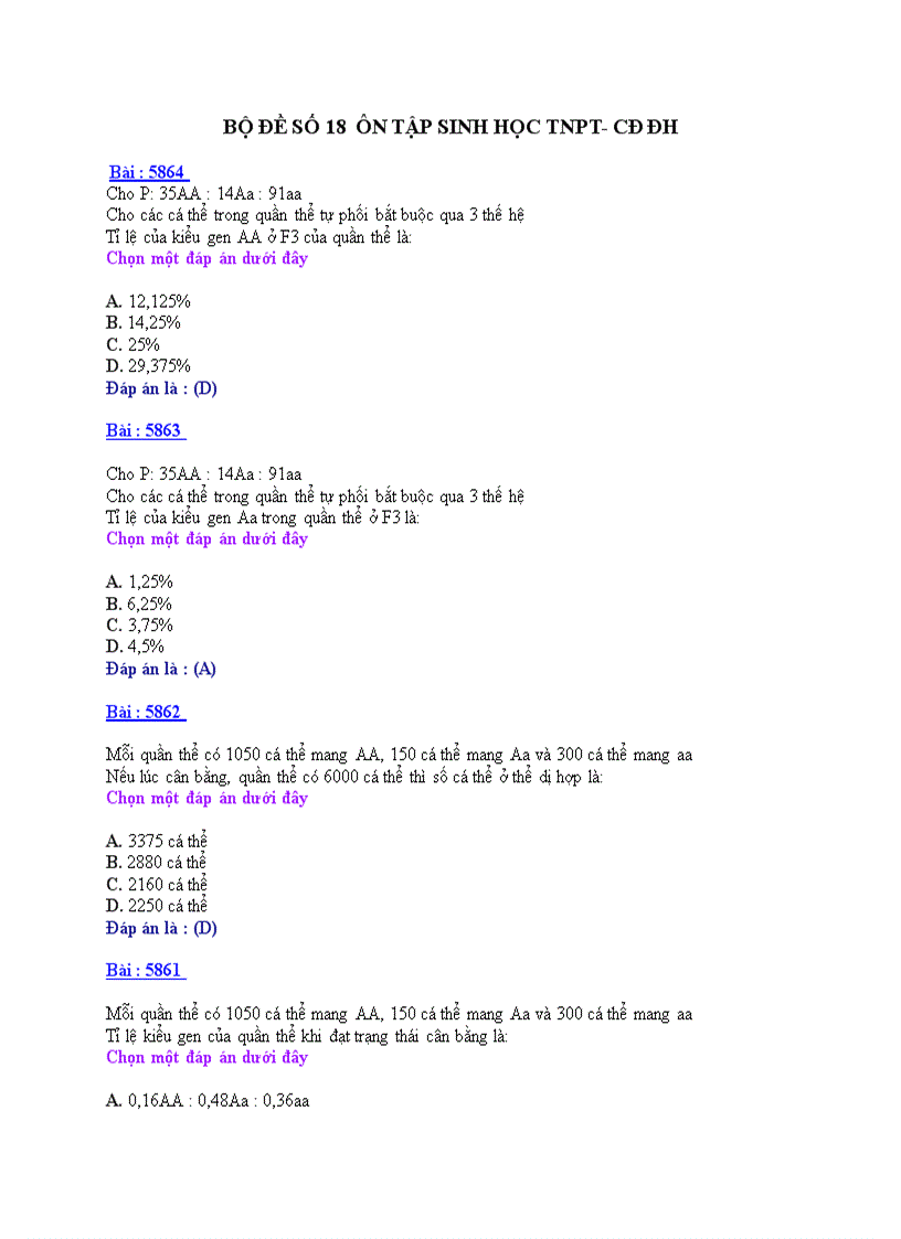 Ôn tập sinh học TNPT CDĐH BỘ ĐỀ 18