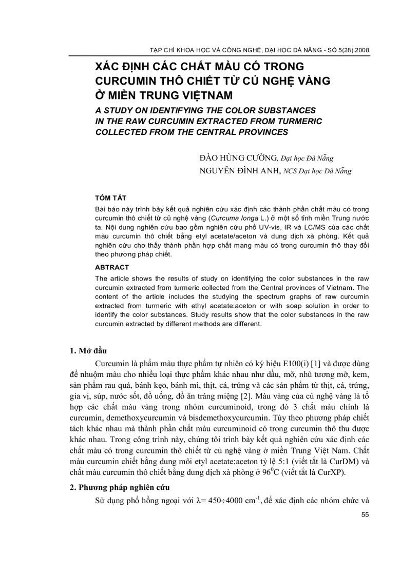Xác định các chất màu có trong Curcumin thô chiết từ củ nghệ vàng ở miền Trung Việt Nam