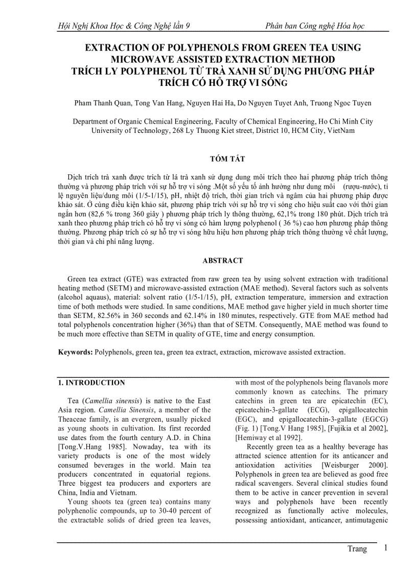 Trích ly POLYPHENOL từ trà xanh sử dụng phương pháp trích có hỗ trợ vi sóng