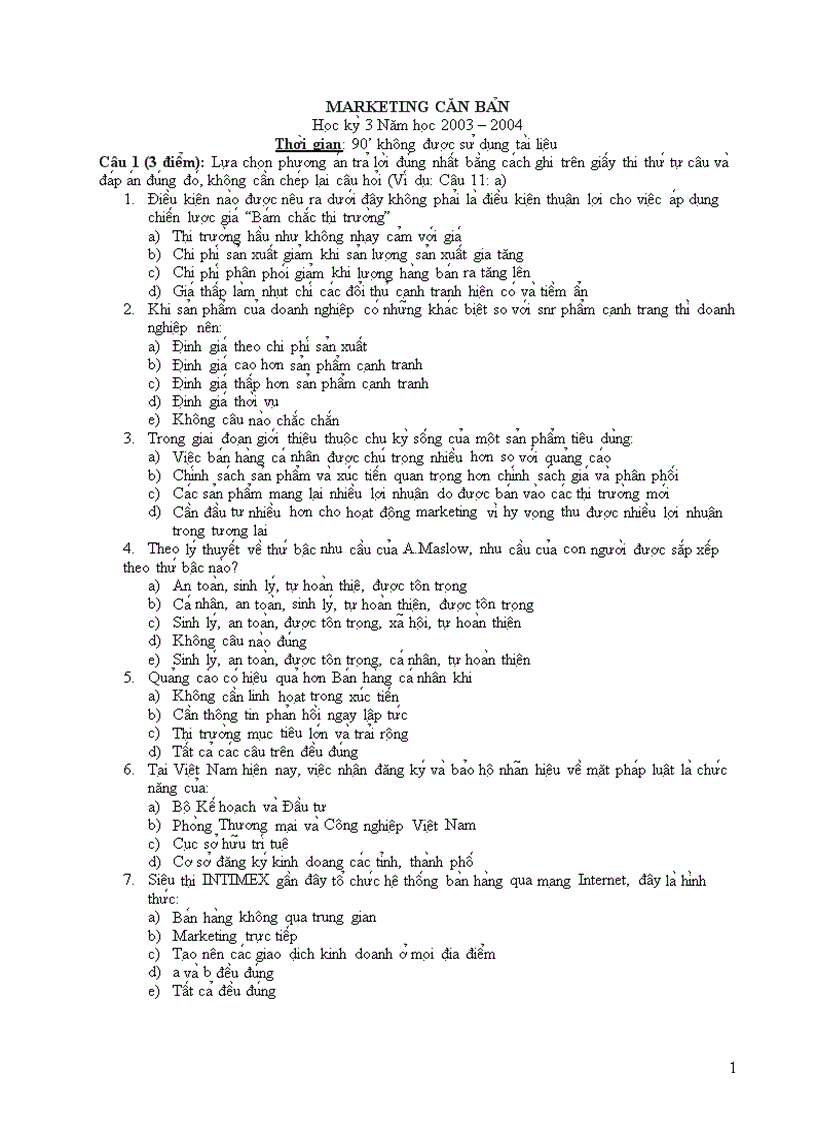 Đề thi maketting căn bản đại học văn lang
