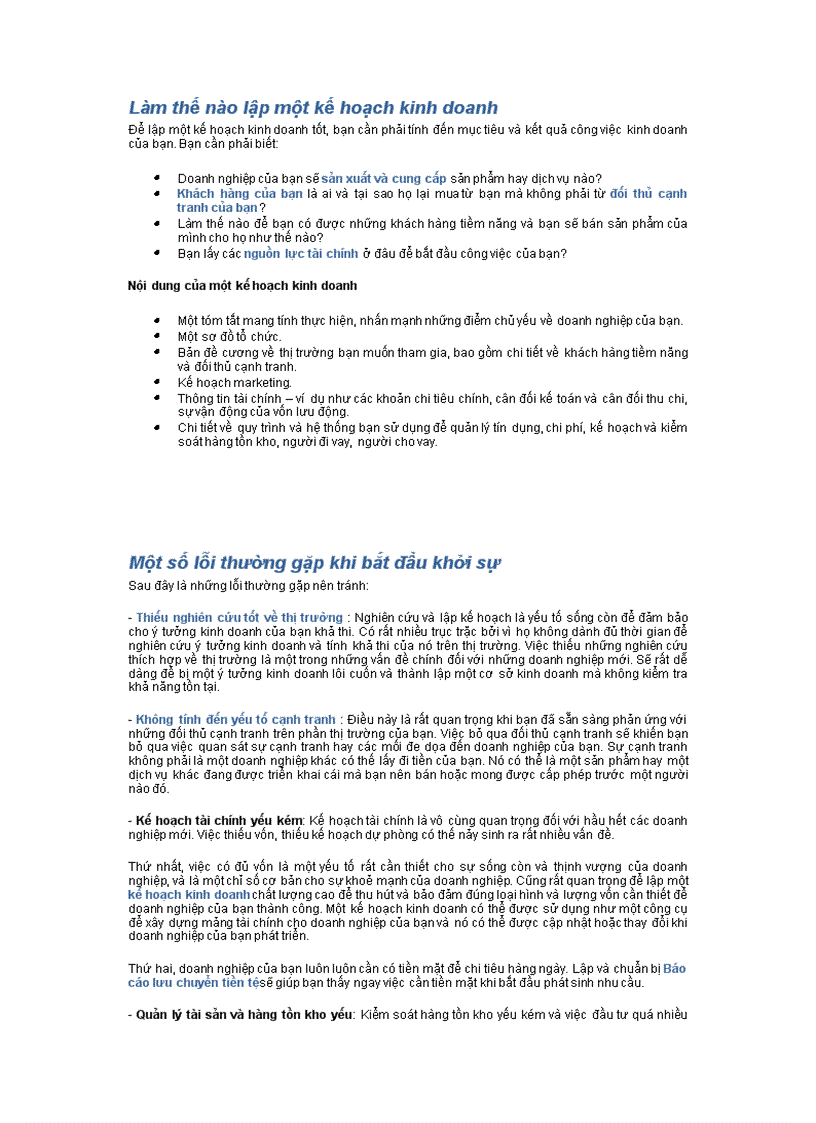 Làm thế nào lập một kế hoạch kinh doanh Một số lỗi thường gặp khi bắt đầu khởi sự 14 Nguyên tắc khởi nghiệp thành công