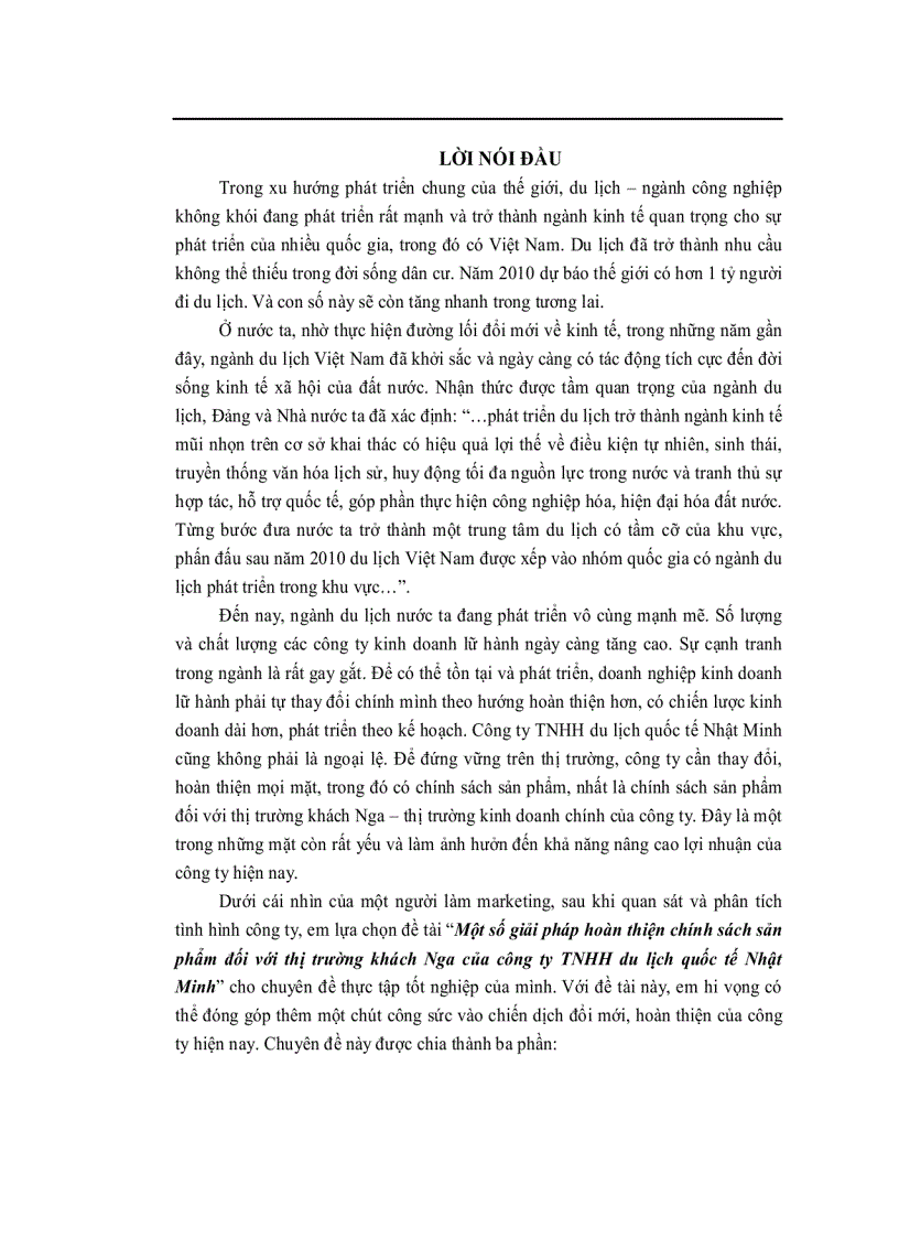 Một số giải pháp hoàn thiện chính sách sản phẩm đối với thị trường khách Nga của công ty TNHH du lịch quốc tế Nhật Minh