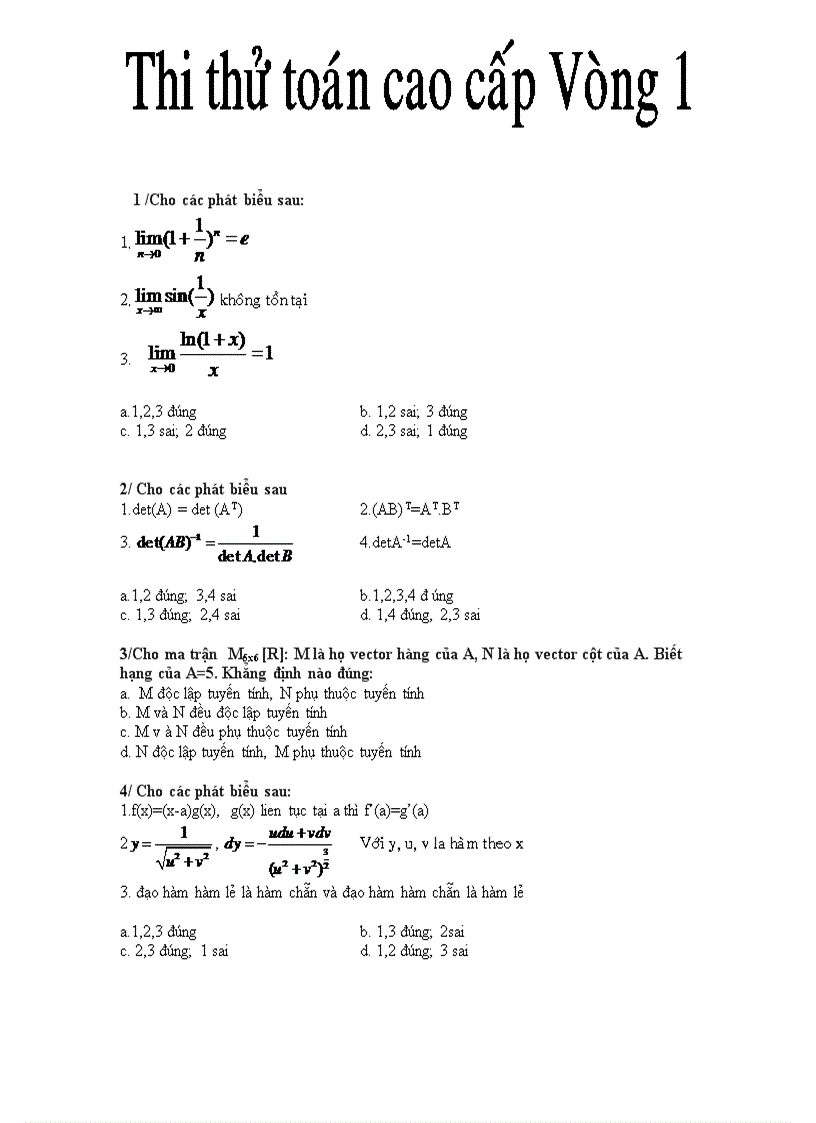 Đề ôn đại số tuyến tính đây bà con ơi 1