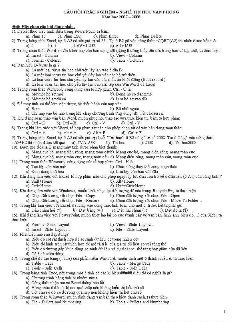Ngân hàng đề trắc nghiệm tin học văn phòng