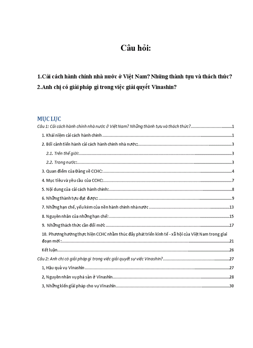 Cải cách hành chính nhà nước ở Việt Nam Những thành tựu và thách thức Anh chị có giải pháp gì trong việc giải quyết Vinashin