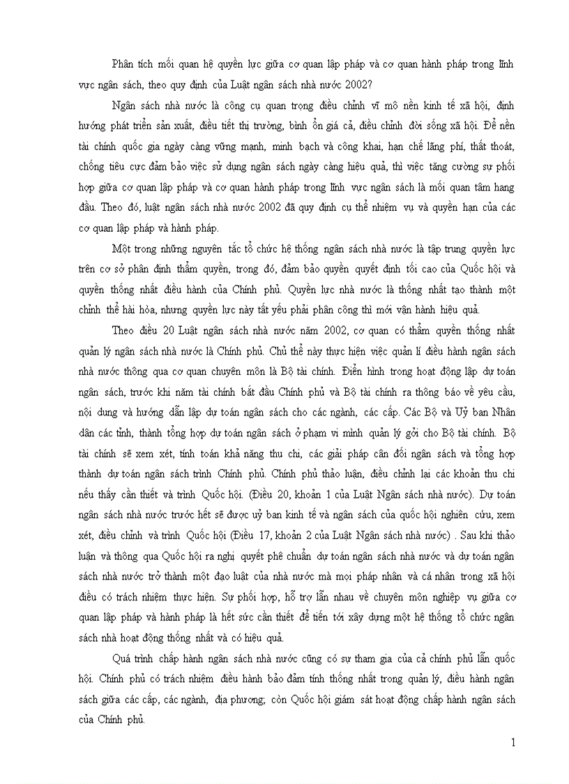 Phân tích mối quan hệ quyền lực giữa cơ quan lập pháp và cơ quan hành pháp trong lĩnh vực ngân sách theo quy định của Luật ngân sách nhà nước 2002