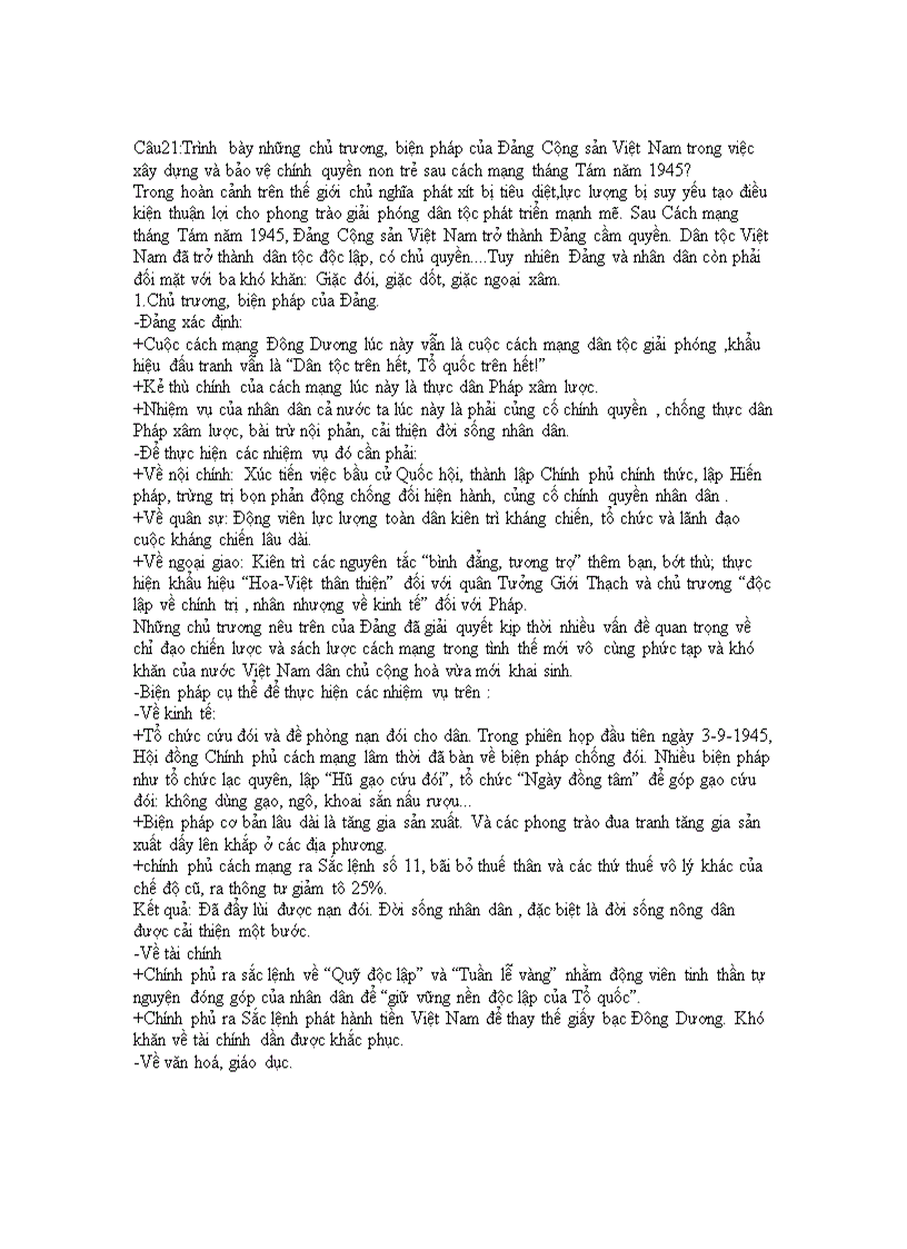 Trình bày những chủ trương biện pháp của Đảng Cộng sản Việt Nam trong việc xây dựng và bảo vệ chính quyền non trẻ sau cách mạng tháng Tám năm 1945