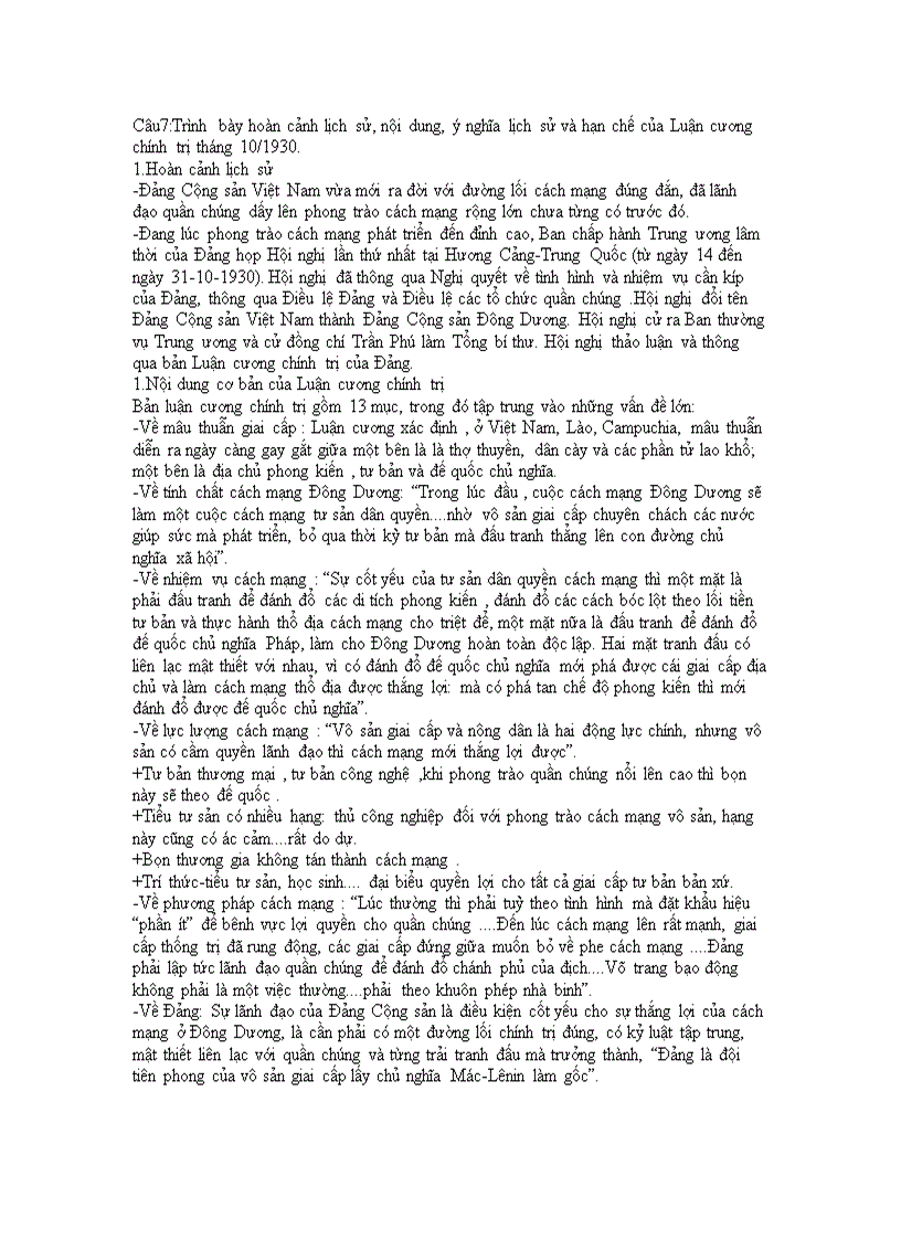 Trình bày hoàn cảnh lịch sử nội dung ý nghĩa lịch sử và hạn chế của Luận cương chính trị tháng 10 1930