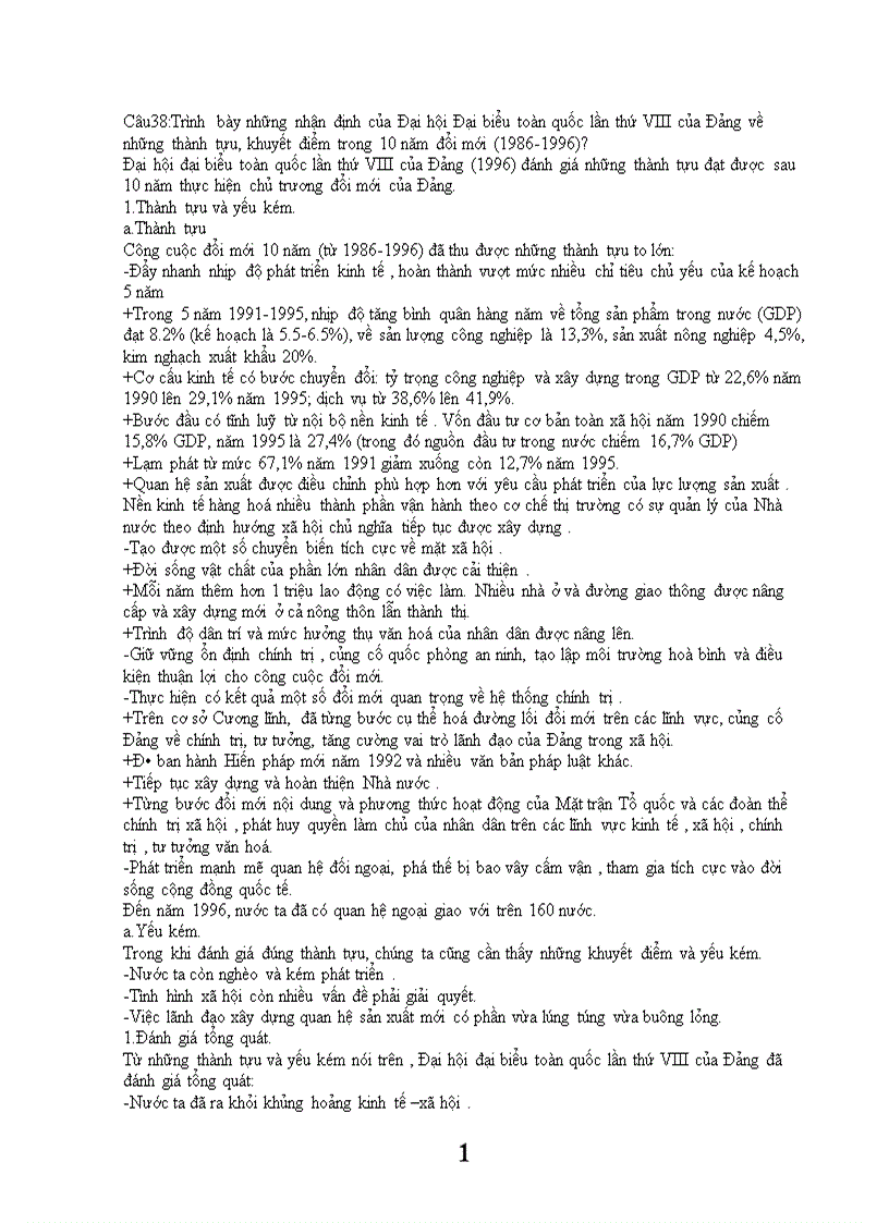 Trình bày những nhận định của Đại hội Đại biểu toàn quốc lần thứ VIII của Đảng về những thành tựu khuyết điểm trong 10 năm đổi mới 1986 1996