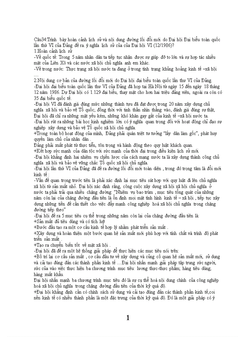Trình bày hoàn cảnh lịch sử và nội dung đường lối đổi mới do Đại hội Đại biểu toàn quốc lần thứ VI của Đảng đề ra ý nghĩa lịch sử của của Đại hội VI 12 1986
