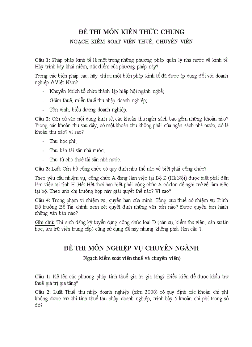 Đề thi công chức thuế năm 2010 khu vực ĐBSCL ngày 8 và 9 01 2011 Môn Kiến thức chung và môn Nghiệp vụ chuyên ngành