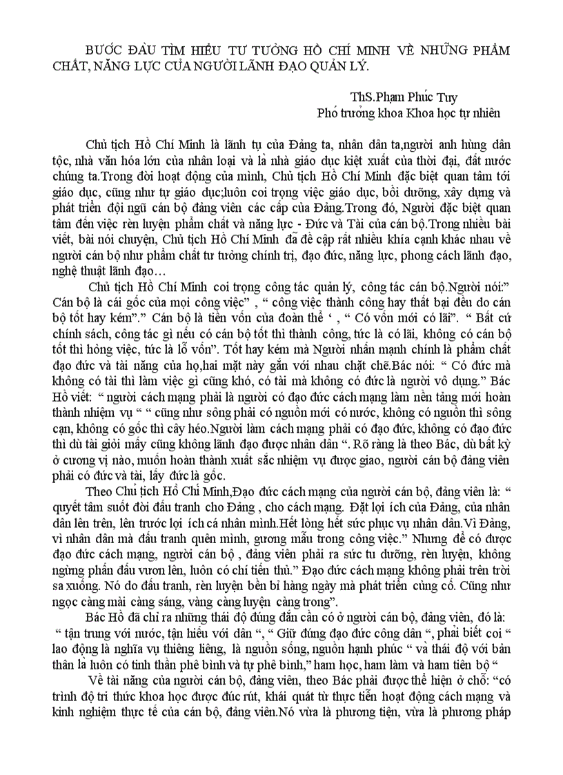 Bước đàu tìm hiểu tư tưởng hồ chí minh về những phẩm chất năng lực của người lãnh đạo quản lý