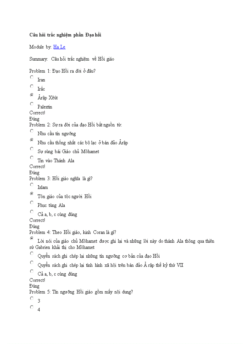 Câu hỏi trắc nghiệm về Đạo hồi