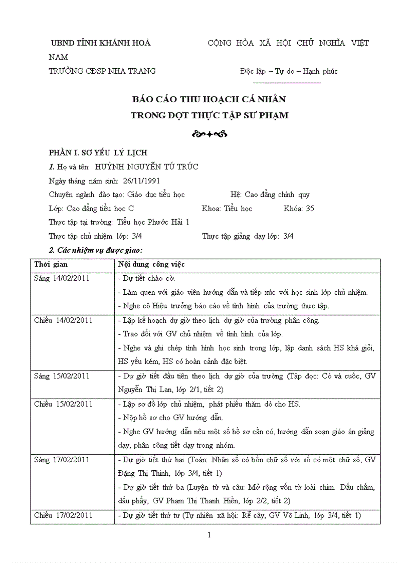 Báo cáo thực tập sư phạm tiểu học chuẩn