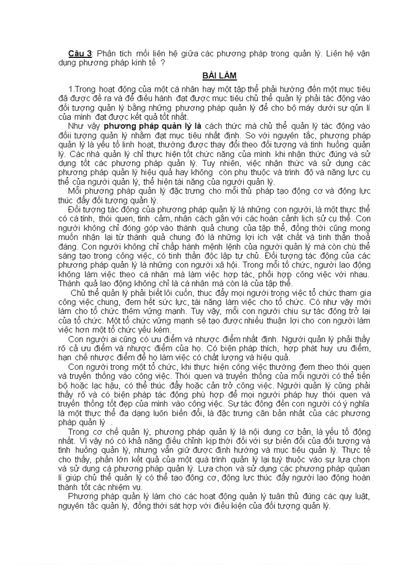 Phân tích mối liên hệ giữa các phương pháp trong quản lý Liên hệ vận dụng phương pháp kinh tế