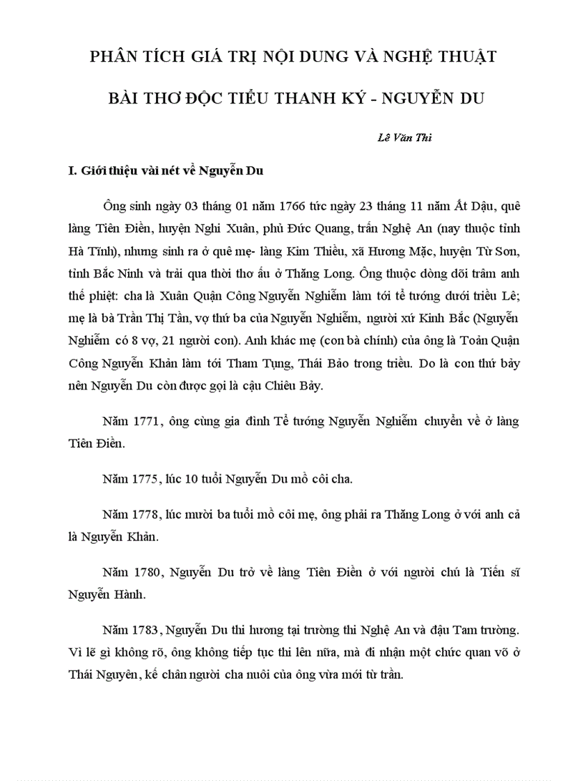 Phân tích giá trị nội dung và nghệ thuật bài thơ độc tiểu thanh ký nguyễn du