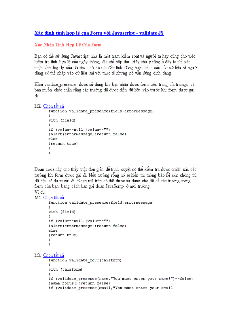 Xác đinh tính hợp lệ của Form với Javascript validate JS