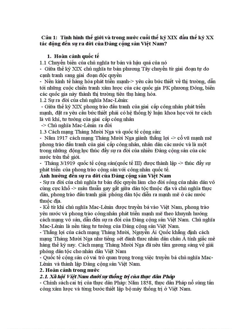 Tình hình thế giới và trong nước cuối thế kỷ XIX đầu thế kỷ XX tac động như thế nào đến sự ra đời của Đảng Cộng sản Việt Nam