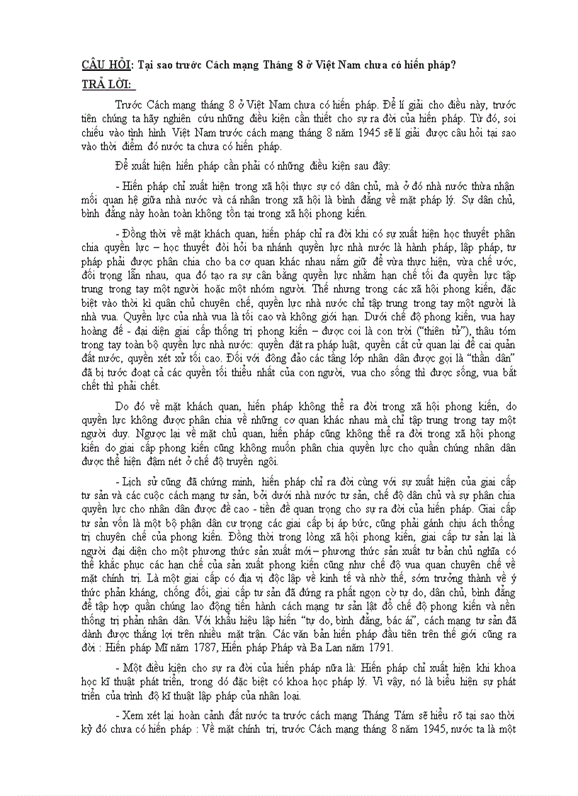 CÂU HỎI Tại sao trước Cách mạng Tháng 8 ở Việt Nam chưa có hiến pháp
