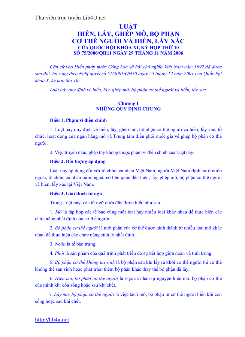 Luật hiến lấy ghép mô bộ phận cơ thể người và hiến lấy xác 2006