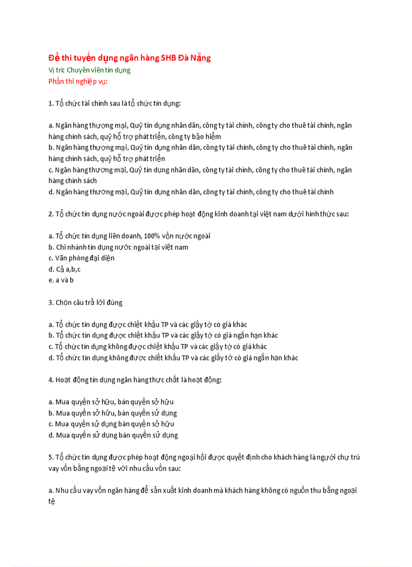 Đề thi tuyển dụng SHB Đà Nẵng diepanhxinhtrai yahoo com