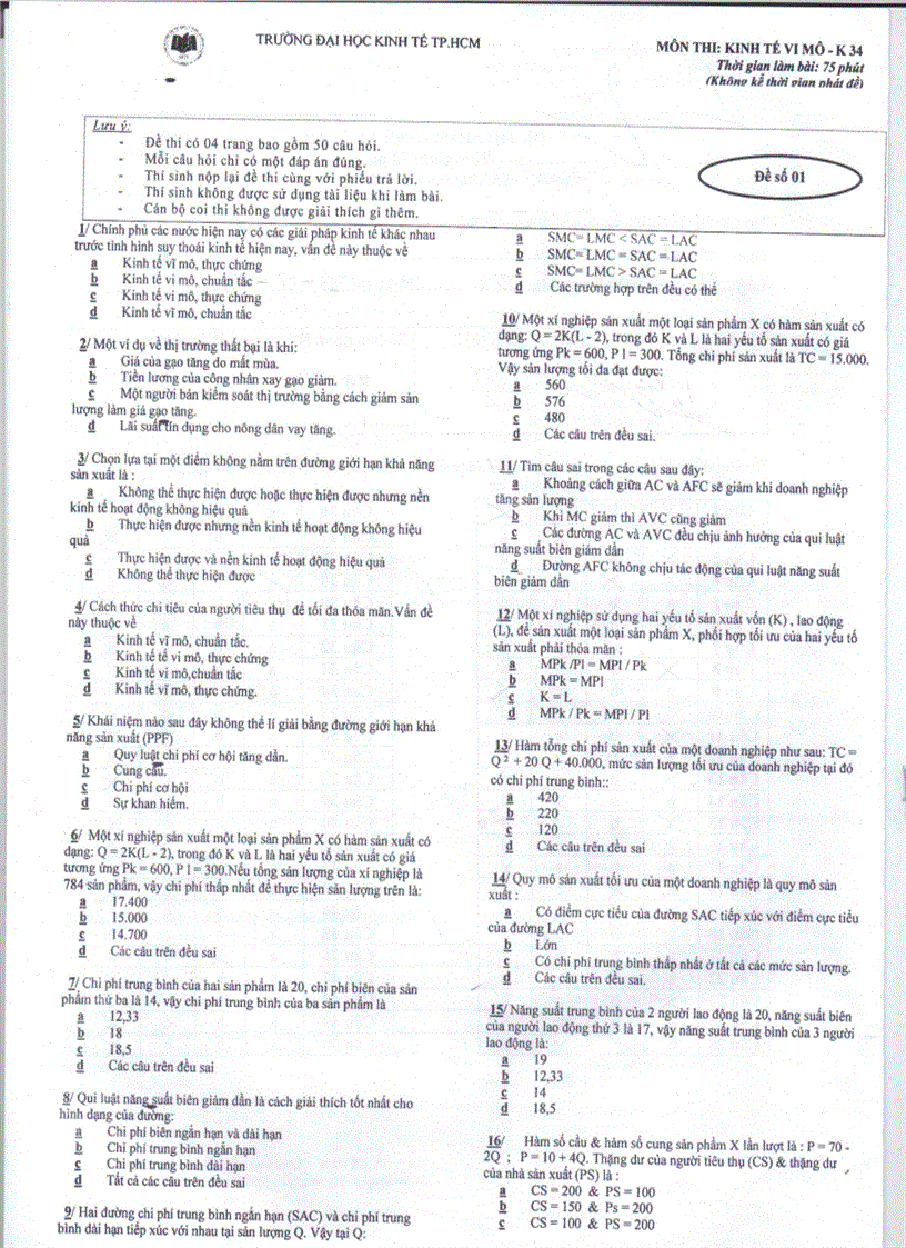Đề thi Kinh Tế Vi Mô và Kinh Tế Vĩ Mô K34 Đề thi cao học Kinh Tế năm 2009 1