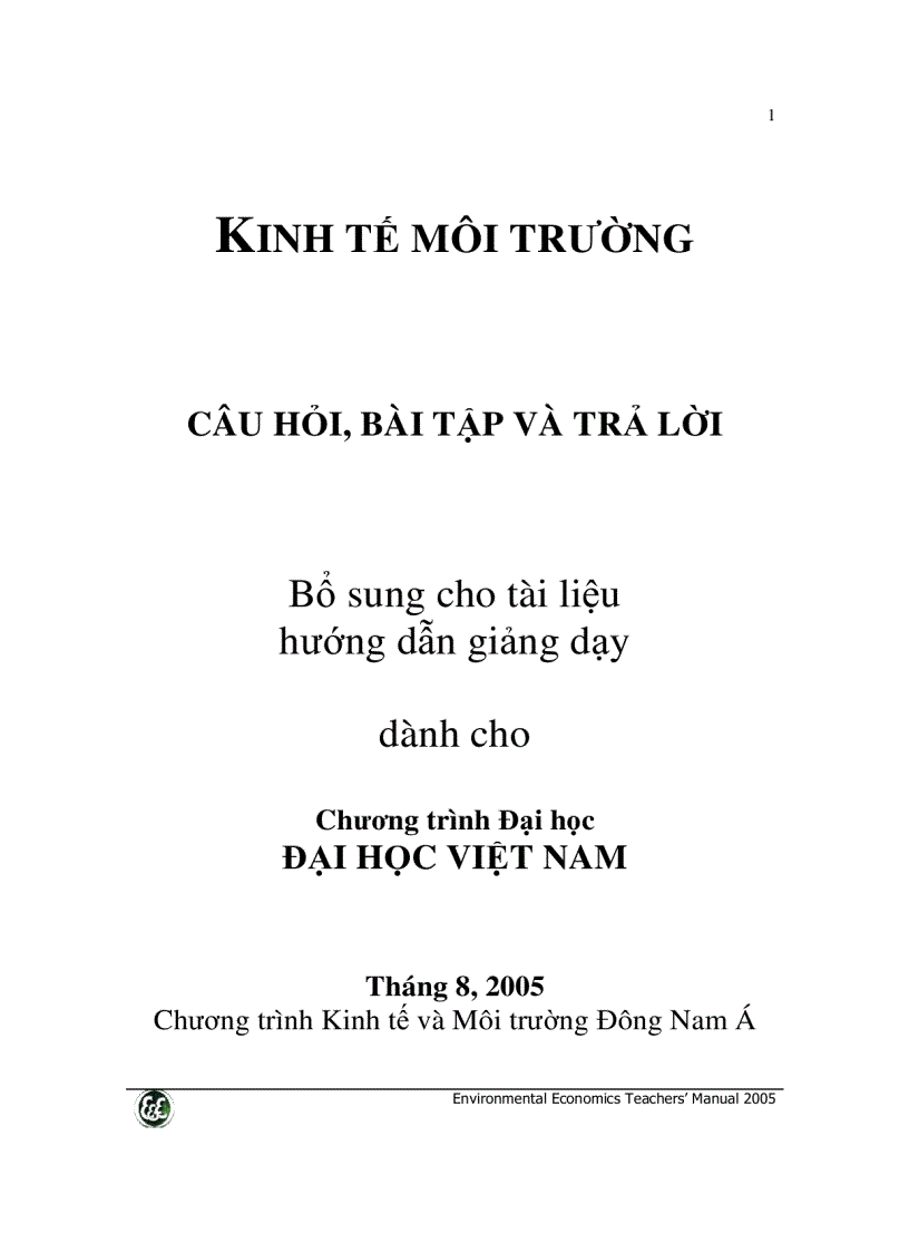 Câu hỏi và bài tập ôn thi kinh tế môi trường