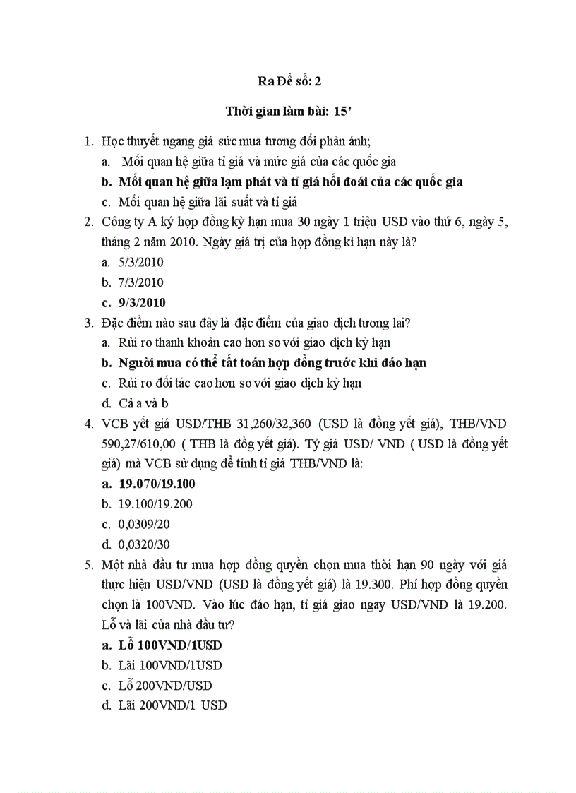 Câu hỏi trắc nghiệm Thanh toán quốc tế 2010 có đáp án ĐH Ngoại thương HN