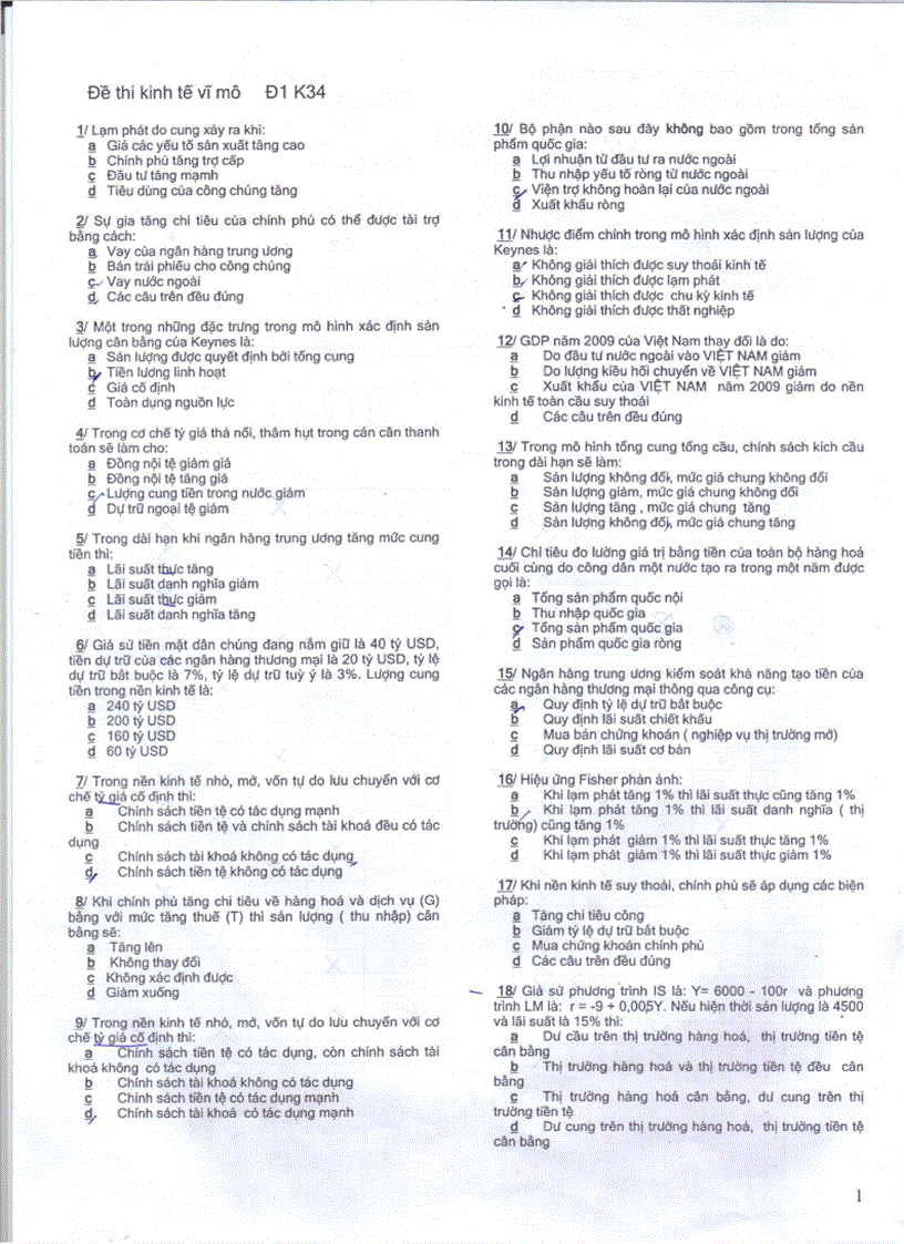 Đề thi Kinh Tế Vi Mô và Kinh Tế Vĩ Mô K34 Đề thi cao học Kinh Tế năm 2009 2