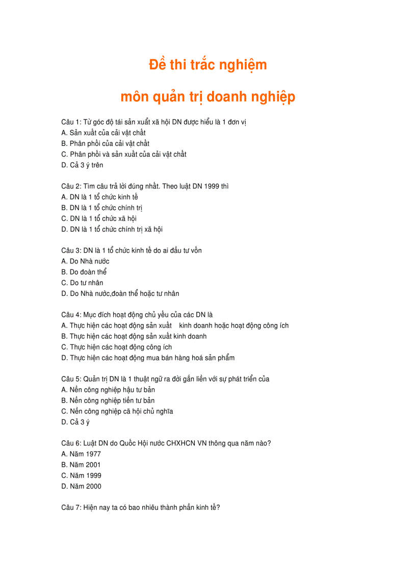 Đề thi trắc nghiệm Quản trị doanh nghiệp