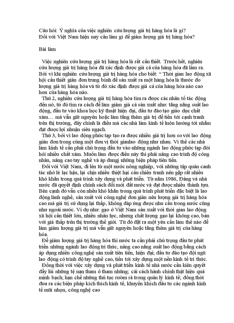 Ý nghĩa của việc nghiên cứu lượng giá trị hàng hóa là gì Đối với Việt Nam hiện nay cần làm gì để giảm lượng giá trị hàng hóa
