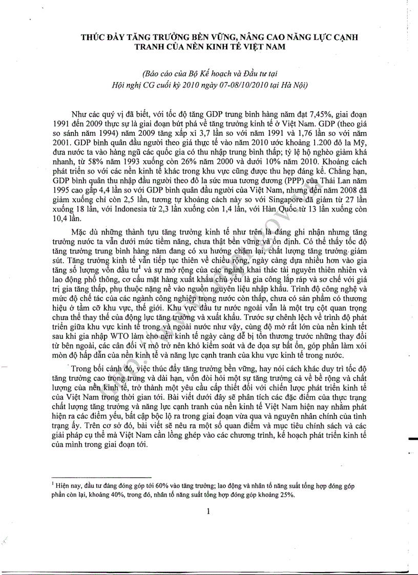 Thúc đẩy tăng trưởng bền vững Nâng cao năng lực cạnh tranh của nền kinh tế Việt Nam 2010