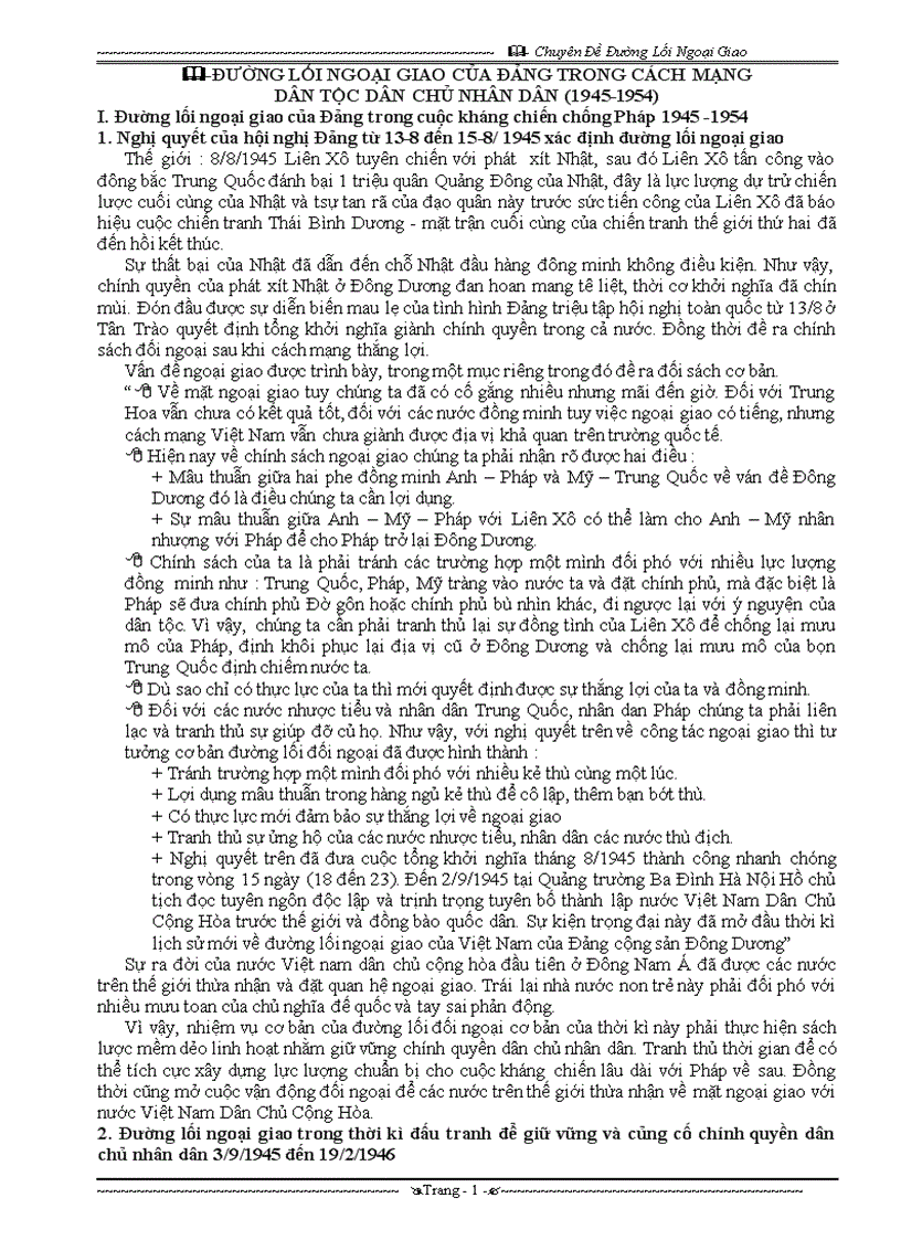 Chuyên Đề Đường Lối Ngoại Giao Một chuyên đề hoàn chỉnh và có nhiều đánh giá sắc bén