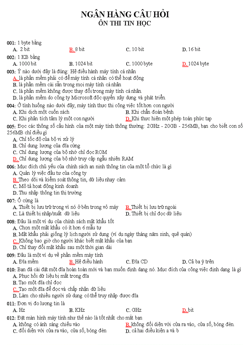Ngân hàng câu hỏi trắc nghiệm ôn thi tin học đại cương