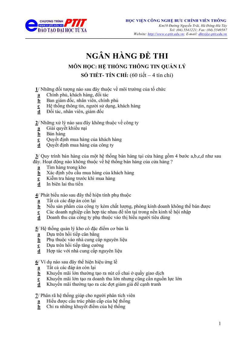 Đề Thi Hệ thống thông tin quản lý