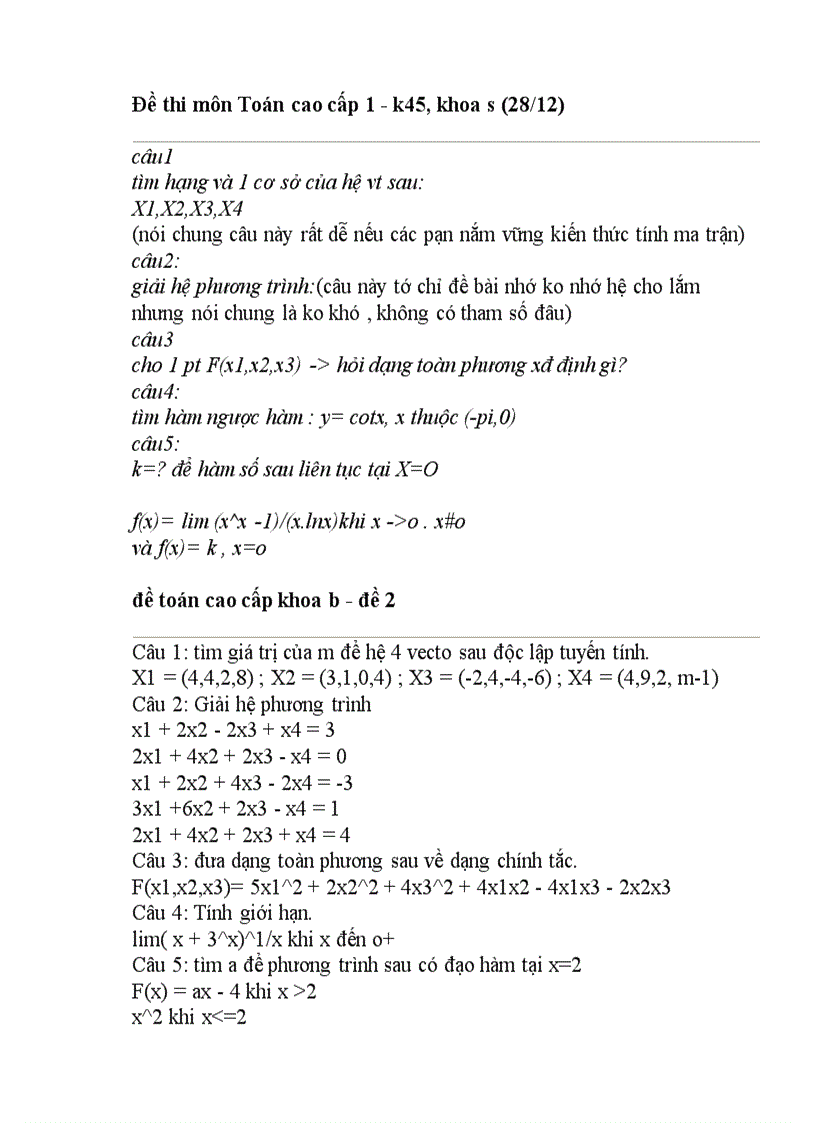 2 đề thi toán cao cấp